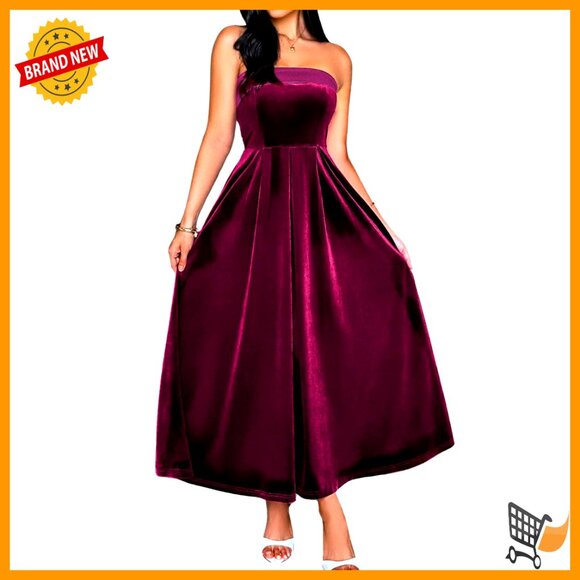 Velvet Strapless Maxi Dress Formal Evening Gown A-Line Empire Waist